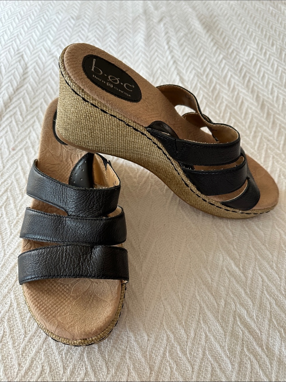b.o.c. Black Triple-Strap Wedge Sandals